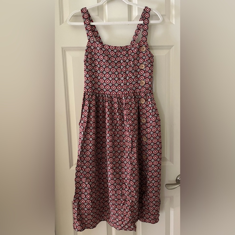 NWT SuperFoxx Red/Blue patterned sundress faux wooden buttons lightweight Boho M